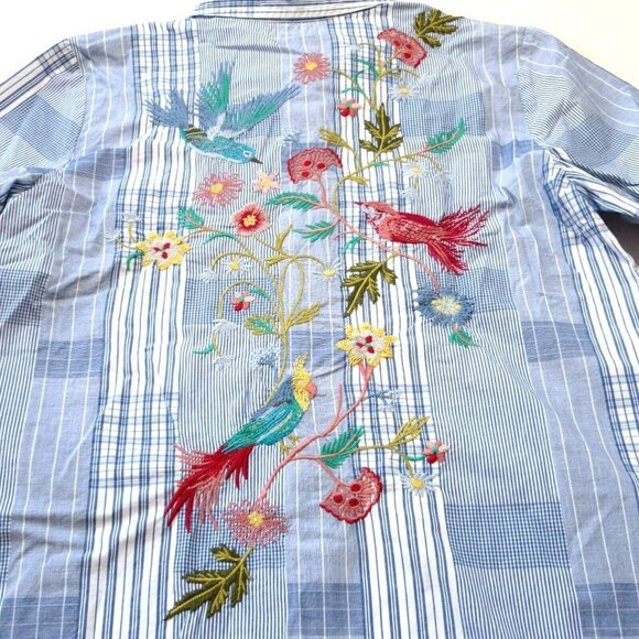 NWT Johnny Was Workshop Zanzibar Shirt in Blue Plaid Embroidered Pearl Snap S - Picture 7 of 8
